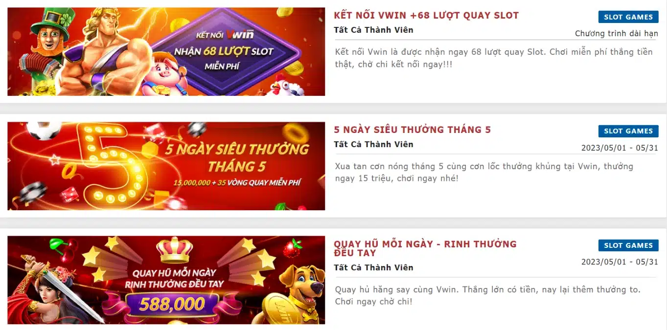 Khuyến mãi dành cho sảnh slot game vwin 